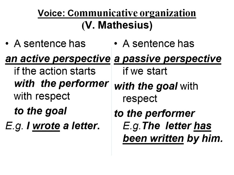 Voice: Communicative organization  (V. Mathesius) A sentence has  an active perspective if